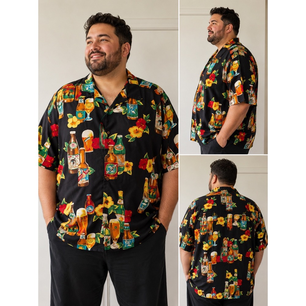 K.A.D Clothing Co Mens XL Hawaiian Shirt‎ Black Beer Tropical Bottle Print EUC
